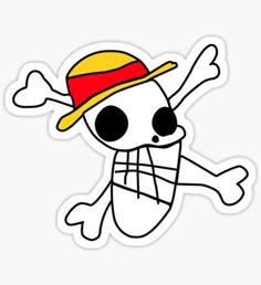 a sticker with a skull wearing a hat and bones on it's face