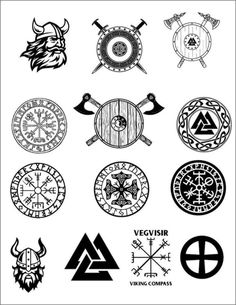 the viking symbols and their meanings are in black and white, as well as an image of