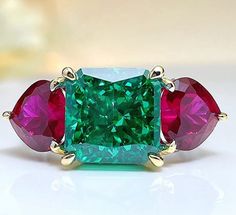 Heart Ruby and Emerald Square 925 Sterling Silver RingRing5 Love And Healing, Rainbow Topaz, Emerald Rings, Square Ring, Crystal Wand, The Power Of Love, Square Rings, Emerald Ring, Lab Created Diamonds