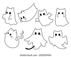 a set of cartoon ghost faces with different expressions and eyes, black and white drawing