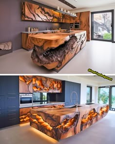 this kitchen is made out of wood and has an unusual counter top that looks like a waterfall