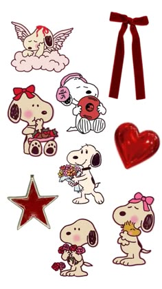 snoopy stickers are arranged on a white background with a red bow and star