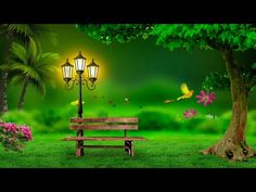 a park bench sitting under a street light next to a tree and flower filled field