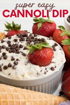 a bowl filled with chocolate chips and strawberries next to ice cream, waffle cones and strawberries