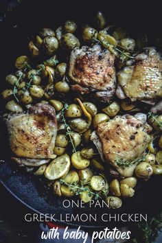 a pan filled with chicken and baby potatoes on top of a wooden table next to the words, whole 30 & gluten free one pan greek lemon chicken with baby potatoes