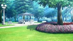 a painting of a gazebo in the middle of a park with flowers and trees