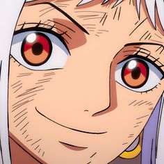 an anime character with white hair and red eyes looks at the camera while wearing yellow ear rings