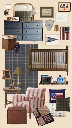 a collage of furniture and decor items including a baby crib