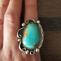 Vintage Sterling Silver Turquoise Stone Native Stamped Design Heavy Large Ring Tarnished Size 9 In Good Pre-Owned Condition Unique Turquoise Gemstone Ring, Unique Untreated Turquoise Ring, Southwestern Turquoise Ring With Natural Stones, Turquoise Jewelry Stamped 925, Handmade Classic Turquoise Sterling Silver Ring, Handmade Classic Sterling Silver Turquoise Ring, Collectible Turquoise Cabochon Ring, Sterling Silver Turquoise Ring Collectible, Sterling Silver Turquoise Ring For Collectors