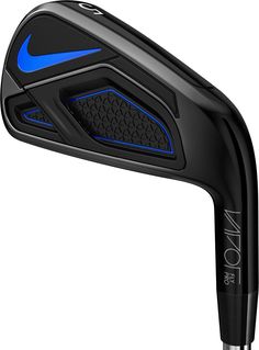 the nike iron golf club is shown with blue accents on its head and back end