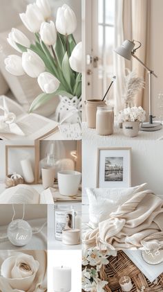 a collage of photos with white flowers and candles