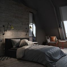 a bed sitting in a bedroom next to a window with lots of light on it