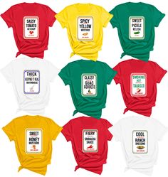 six t - shirts with different labels on them, all in different colors and sizes