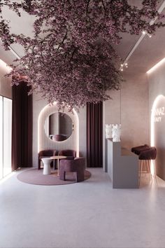 the interior of a salon with purple flowers on the ceiling and stools in front of it