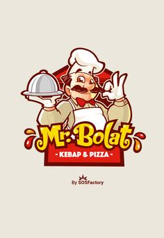 the logo for mr bolat's kebap and pizza, with a chef holding