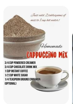 a bottle of cappuccino mix next to a cup of coffee