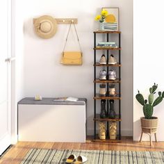 there is a shoe rack with shoes on it in the room next to a potted plant