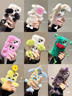 many different types of stuffed animals are shown in this collage with the same person holding them