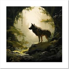 a painting of a wolf standing in the middle of a forest with trees and rocks