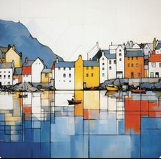 an abstract painting of houses and boats on the water