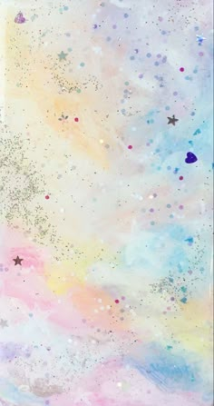 an abstract painting with stars and confetti in pastel colors on a white background