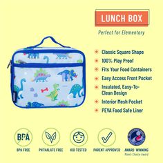 100% play proof and perfect for elementary age, Wildkin’s classic square shaped lunch box in blue for boys and girls is designed to help you and the environment by offering a fun and reusable option for lunch and snack time. Apart from the roomy main compartment, this lunch box features a zippered front pocket that is perfect for hiding a surprise treat or securing sweet notes. The lunch box also features an interior mesh pocket for storing napkins, utensils or an ice pack. Sized just right for Playful Blue Lunch Box Gift, Rectangular Blue Lunch Bag For Gift, Rectangular Blue Lunch Bag As A Gift, Rectangular Blue Lunch Bag As Gift, Playful Blue Lunch Box For Daycare, Blue Lunch Box For Back To School Gift, Playful Rectangular Lunch Bag For Playtime, Blue Rectangular Lunch Box, Blue Rectangular Lunch Box For Back To School