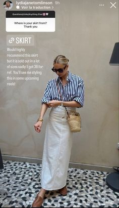 Chic Minimalist Outfit, White Denim Skirt Street Style, Long Skirt With Button Down Shirt, Long Cream Denim Skirt Outfit, White Demin Skirt Outfit, White Jean Skirt Outfit Summer, Modest Chic Outfits Classy, Midi Skirt Outfit 2023, Cream Skirt Outfit Summer