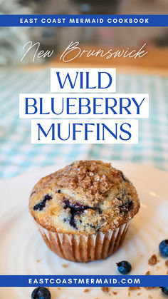 a blueberry muffin on a white plate with the title new brunswick wild blueberry muffins