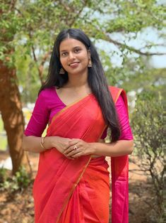 A simple and descent saree look to attend a family function Transitional Pink Saree Traditional Wear, Transitional Season Pink Saree, Pink Semi-stitched Anarkali Pre-draped Saree, Pink Plain Saree, Cheap Pink Semi-stitched Saree, Orange And Pink, Pink Saree, Saree Look, Ethnic Wear