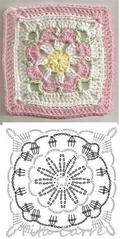 two crocheted squares with flowers on them, one is pink and the other is white