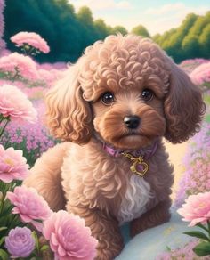 a painting of a poodle sitting in a field of flowers with its eyes closed