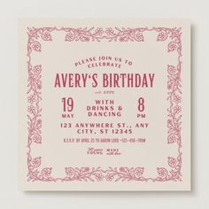 a pink and white birthday party card