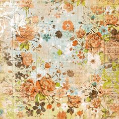 an old paper with flowers and leaves on the bottom layer, in shades of orange