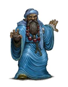 a statue of an old man with a long beard and wearing a blue robe, holding his hands up