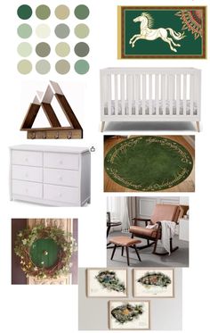 a collage of green and white items including a baby crib, dresser, chair, rug, wall hangings and pictures