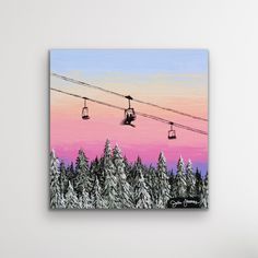 a painting of two ski lifts in the sky above some snow - covered trees at sunset