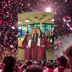 two girls in graduation gowns holding their diplomas and confetti thrown around them