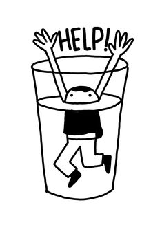 a black and white drawing of a person jumping into a glass with help written on it