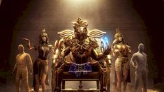 an image of egyptian gods sitting on thrones in the middle of a dark room