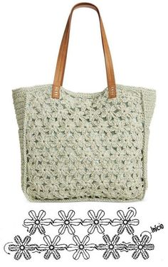 a crocheted bag with two handles and straps on the side, next to an image