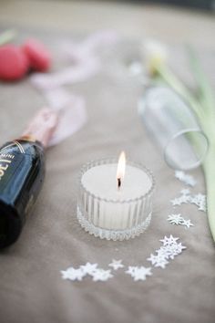 a lit candle sitting on top of a table