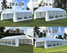 four pictures showing the size and width of a white tent with windows on each side