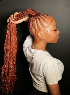 French Braided Ponytail Hairstyles, Medium Feed In Ponytail, Ginger Scalp Braids, Braided Ponytail Hairstyles Black Women With Color, Small Feedin Ponytail Hairstyles, Feedin Ponytail Hairstyles, Boho Stitch Braids Ponytail, Braided Ponytail Designs, Boho Stitch Braid Ponytail