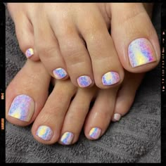 Nails Inspiration Opal Toe Nails, Spring Gel Toe Nails, Mermaid Pedicure Toes, 2024 Toenail Polish, Opal Pedicure, Chrome Pedicure Ideas, Toenails Summer 2024, Pastel Pedicure Toenails, Holographic Toe Nails