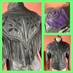 Beautifully crafted and heavily embellished high 80s leather jacket. Intricate braiding, graded fringe, lace up waist in back, suede inlay in black and purple creating lovely roses in a stencil design. Leather is thick and supple. YKK zipper. No label Condition: The Jacket feels barely used with little sign of wear.  There is some surface scratching, not deep, primarily on the sleeve, and a couple small gauges near the cuff on one sleeve.  There seems to have been an additional snap in liner no 80s Leather Jacket, Small Gauges, Stencil Design, Fringe Leather Jacket, Womens Jackets, Black And Purple, Ykk Zipper, Stencil Designs, Rose Design