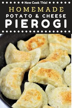 homemade potato and cheese pierogi recipe in a skillet with text overlay