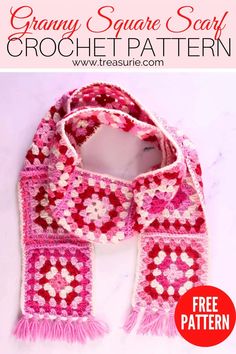 a crocheted scarf is shown with the text, granny square scarf crochet pattern