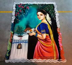 this is a painting on the floor of a woman serving food to her friend in india