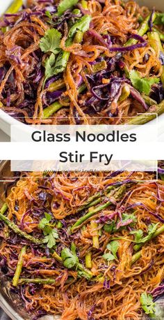 glass noodles stir fry in a pan with carrots and green onions on the side