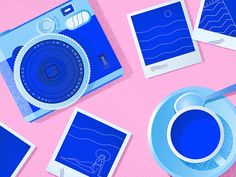 an image of a camera and some pictures on a pink background with blue inks